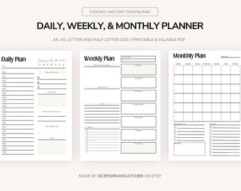 May include: Three printable planner pages in black and white. The first page is a daily planner with a section for daily goals, to-do list, and notes. The second page is a weekly planner with sections for daily tasks, notes, and priorities. The third page is a monthly calendar with a to-do list and notes section.