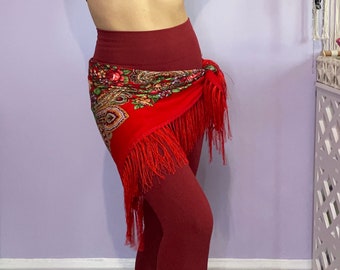Red Flower Belly Dance Fringe Hip Scarf - One Size