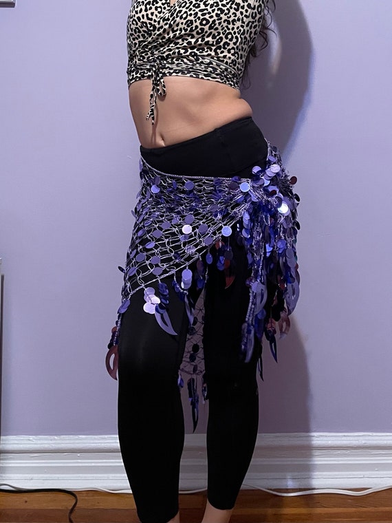 Purple Belly Dance Sequins Tassel Hip Scarf Shiny 