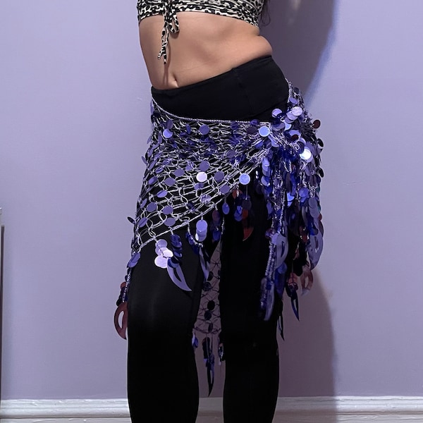 Purple Belly Dance Sequins Tassel Hip Scarf Shiny Skirt - One Size