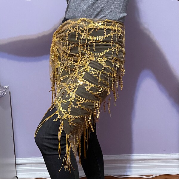 Yellow Golden Belly Dance Sequins Tassel Hip Scarf Shiny Skirt - One Size