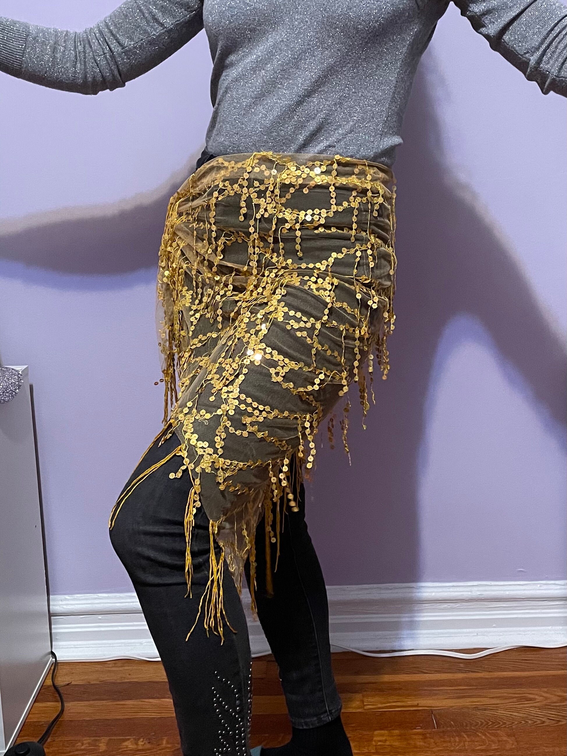 Womens Belly Dance Skirt Sequin Skirts Sparkly Rave Skirt Tassel Fringe Festival Outfit Belly Dance Hip Scarf1 Sliver - View #3