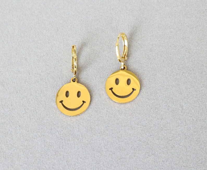18K Gold Smiley Face Earrings, Happy Face Earrings, Hoop Earrings ...