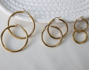 18K Gold Filled Hoop Earrings, Anti Tarnish Hoops, 30mm 40mm 50mm Hoop Earrings, Chunky Huggie Hoop Earrings Women, Waterproof Earrings Gift