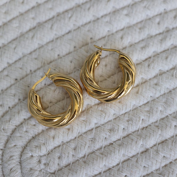 18K Gold Filled Earrings, Twisted Hoop Earrings, Thick Rope Hoop Earrings Women, Chunky Huggie Earrings, Waterproof Earrings, Handmade Gift