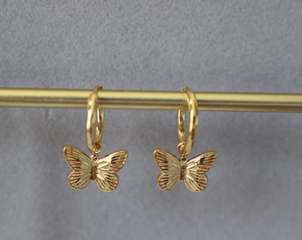 18K Gold Filled Butterfly Earrings, Butterfly Hoop Dangle Earrings, Handmade Waterproof Earrings, Hypoallergenic Earrings Christmas Gift Her