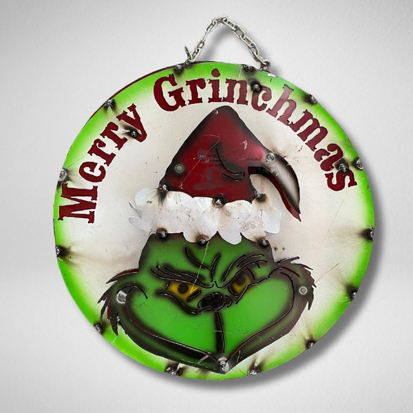 The Grinch Christmas Decoration for Door Hanger Grinchmas Wreath for Front Porch Christmas Wall Decor Grinch Metal Yard Art