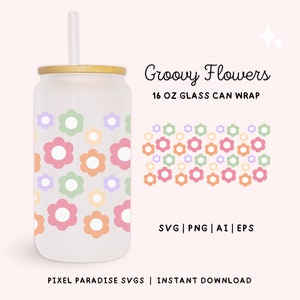 Retro Flowers Can Glass Wrap Brown Boho Daisies SVG Hippie Groovy Coffee Cup Template 16oz Libbey Can Wrap Cut File for Cricut Silhouette