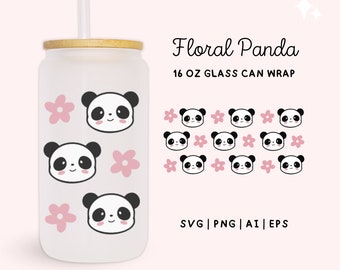 May include: A white 16 ounce glass can wrap with a floral panda design. The design features pink flowers and black and white panda faces. The text "Floral Panda" and "16 OZ GLASS CAN WRAP" is printed on the image. The text "SVG|PNG|AI|EPS" and "PIXEL PARADISE SVGS | INSTANT DOWNLOAD" is also printed on the image.