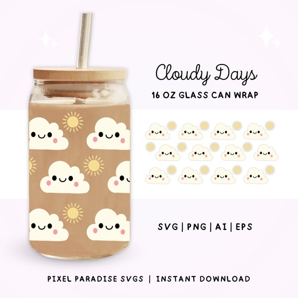 Beer Can Glass svg, Kawaii Cloud svg file for Cricut, Cloud Libbey glass svg, 16oz Kawaii Cloud, Libbey glass wrap Cloud digital kawaii file