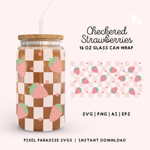 Pink Checkered Libbey glass wrap Bow beer can glass SVG Coquette Strawberries glass can wrap for Libbey glass 16oz SVG file for Cricut