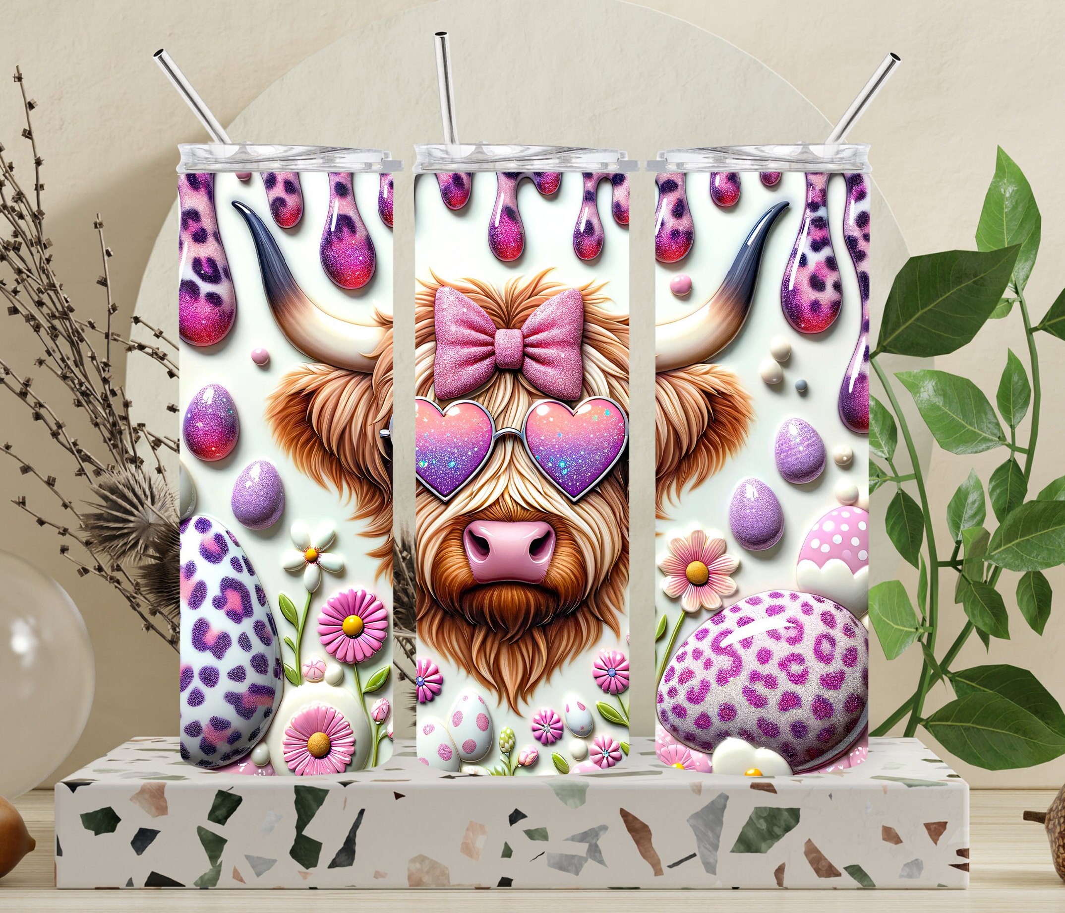 Cute Easter Highland Cow 20oz Skinny Tumbler – 3 Highland Cows with Bunny Ears Easter Cup