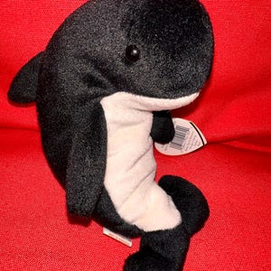 May include: A plush toy orca whale in black and white. The stuffed animal has a black body, fins, and tail, with a white belly and accents. It has a small, black eye and a tag attached.