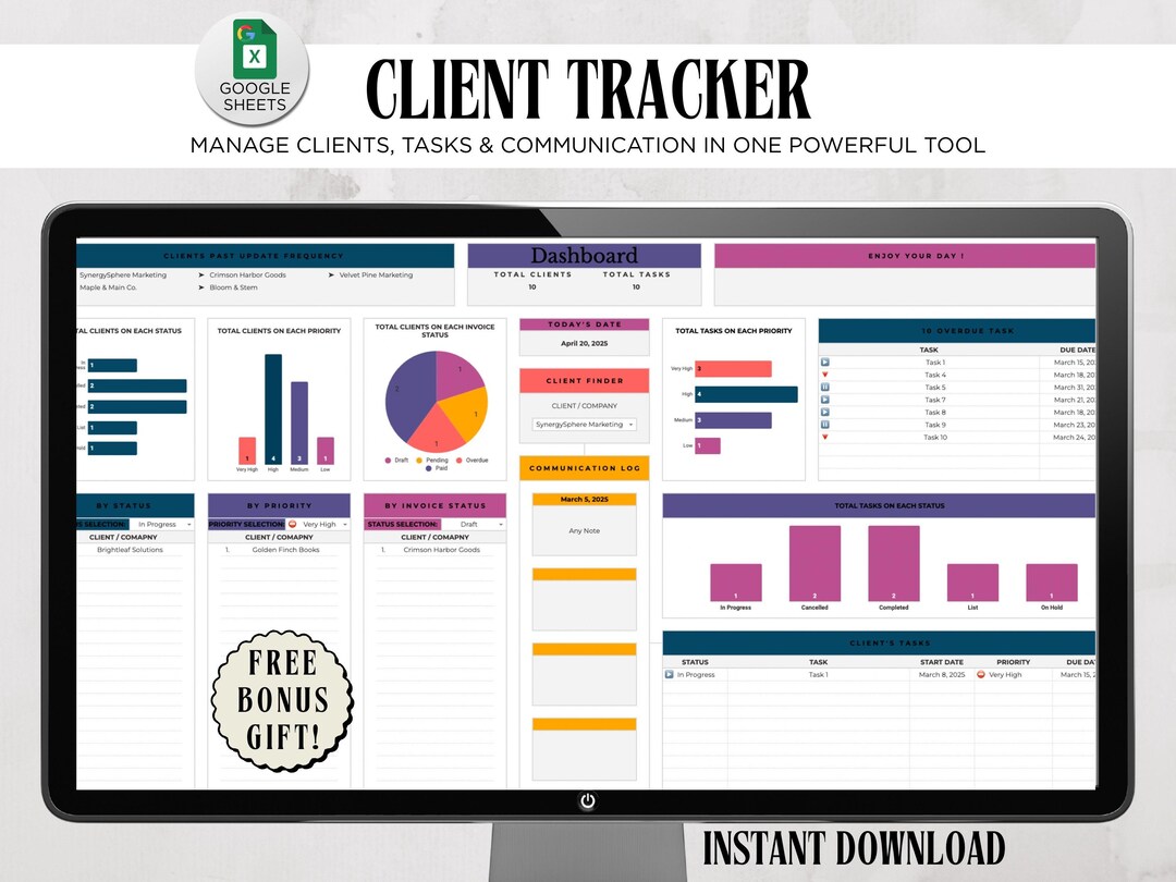 Client & Task Tracker Business Planner Spreadsheet | CRM Communication ...