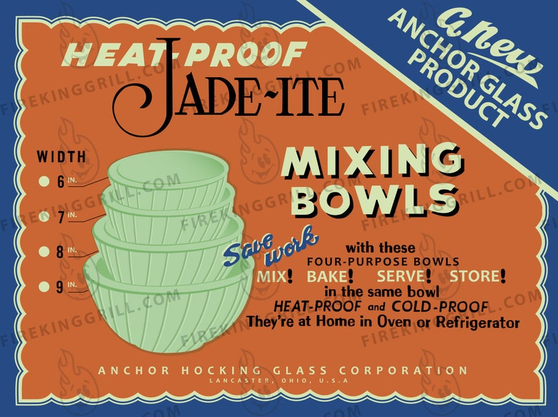 Fire-King Jadeite Poster Swirl Mixing Bowls Original Box Design Retro Inspired Print Vintage Style Ad 1950s Kitchen Art image 2