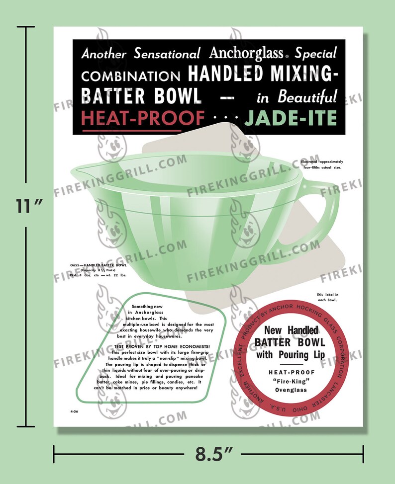 Fireking Jadeite Poster Batter Bowl Ad Depression Glass Vintage