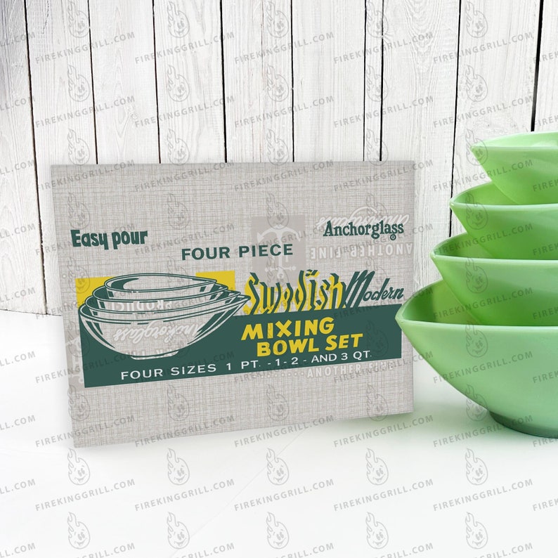 Anchor Hocking Fire-King Jadeite Swedish Modern Teardrop Mixing Bowls Print from Original Box Design