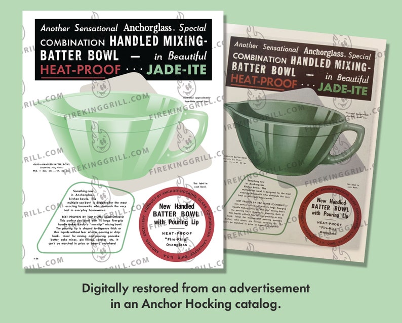 Fireking Jadeite Poster Batter Bowl Ad Depression Glass Vintage