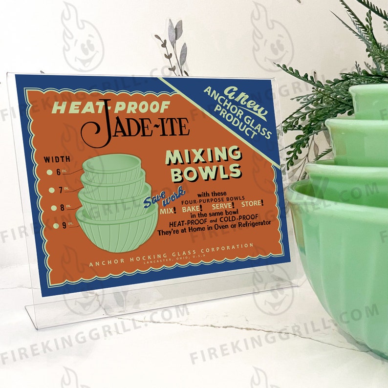 Fire-King Jadeite Poster Swirl Mixing Bowls Original Box Design Retro Inspired Print Vintage Style Ad 1950s Kitchen Art image 1