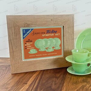 Poster of Fire-King Jadeite Jane Ray Dishes | Original Box Design | Retro Inspired Print |  | Vintage Style Ad | 1950s | Plates Cups Saucers