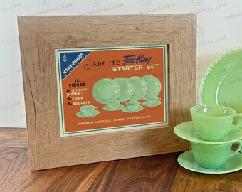 Poster of Fire-King Jadeite Jane Ray Dishes | Original Box Design | Retro Inspired Print |  | Vintage Style Ad | 1950s | Plates Cups Saucers