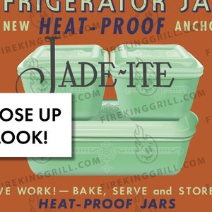 Fire-King Jadeite Poster Philbe Fridge Dishes Original Box Design Retro Inspired Print Vintage Style Ad 1950s Kitchen Art image 4