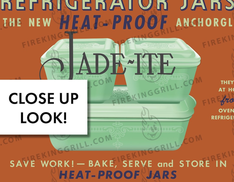 Fire-King Jadeite Poster Philbe Fridge Dishes Original Box Design Retro Inspired Print Vintage Style Ad 1950s Kitchen Art image 4