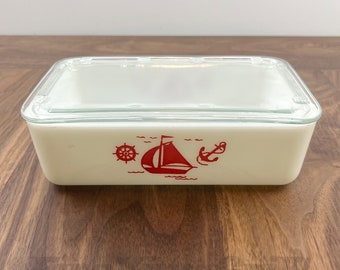 McKee Sailboat Large Fridge Dish with Lid | White Milk Glass | Depression Glass | Red Sail Boat | Vintage Kitchen