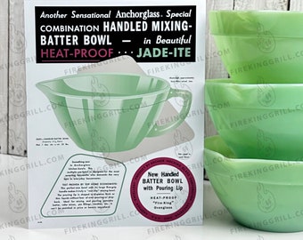 Fire-King Jadeite Poster | Batter Bowl Ad | Depression Glass Vintage Inspired Gift | Green Glass | Kitchen Print | Anchor Hocking Catalog