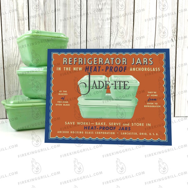 Fire-King Jadeite Poster | Philbe Fridge Dishes | Original Box Design | Retro Inspired Print |  | Vintage Style Ad | 1950s | Kitchen Art