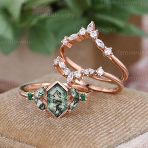 Hexagon Cut Moss Agate Engagement Ring Set Unique Cluster Moissanite Ring Vintage Rose Gold Moissanite Wedding Bridal Promise Gift