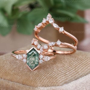 Hexagon Cut Moss Agate Engagement Ring Set Nature Inspired Engagement Ring Unique Rose gold Moissanite Wedding Bridal Promise Women Gift