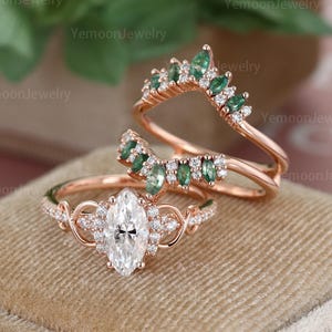 Marquise Cut Moissanite Engagement Ring Set 14K Rose Gold Enhancer Moss Agate Ring Set Nature Inspired Vine Bridal Ring Set Gift For Her