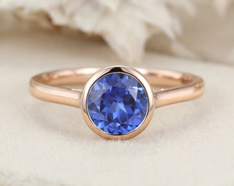 Round Cut Lab Sapphire Engagement Ring  14K Rose Gold Ring Solitaire Sapphire Ring  September Birthstone Bezel Setting Anniversary Gift