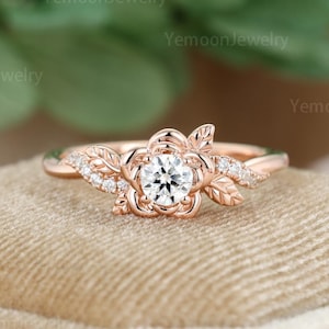 Flower Diamond Engagement Ring Rose Gold Nature Inspired Leaf Wedding Ring Floral Twist Promising Ring Bridal Promise Anniversary Gift