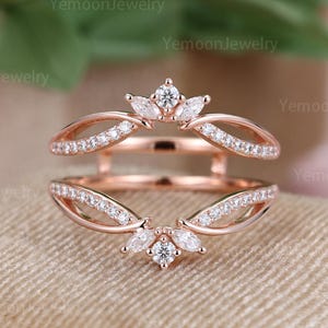 Moissanite Ring Enhancer Wedding Ring Solid Gold Double Moissanite Curved Enhancer Wedding Band Floral Personalized Custom Rings For Women
