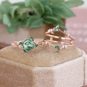 Hexagon cut Moss Agate Engagement Ring set 14K Rose Gold Leaf Ring Stacking Moss Agate+Lab grown diamond wedding Bridal set Gift for women