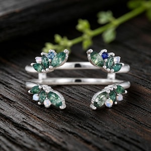 Moss Agate Ring Enhancer Nature Inspired Marquise Curved Wedding Band White Gold Leaf Ring Guard Opal Double Open Bridal Ring Gift for Her