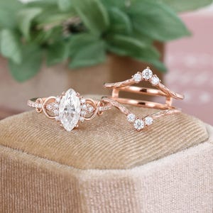 Unique Marquise cut Moissanite Engagement Ring Set 14K Rose Gold Enhancer Lab grown diamonds Ring wedding bridal set promise women Gift
