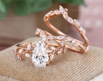 Anello di fidanzamento con moissanite taglio bara, anello di fidanzamento in oro rosa, impilabile, con doppi diamanti sintetici, set da sposa a foglia, regalo di promessa per donna