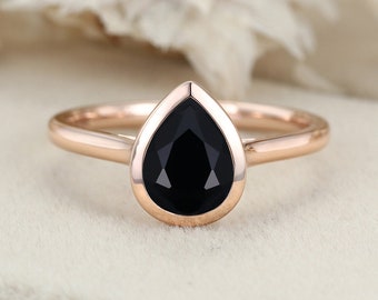 Pear Shaped Bezel Black Onyx Engagement Ring Solitaire Black Onyx Promise Bridal Ring Solid 14K Rose Gold Ring