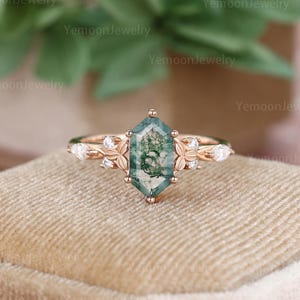 Anillo de compromiso hexagonal largo único de ágata musgosa, anillo de compromiso vintage de oro rosa musgosa, anillo art déco, delicado regalo de aniversario nupcial, promesa