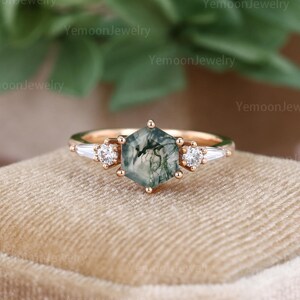 Anillo de compromiso de ágata musgosa con corte hexagonal, oro rosa de 14k, anillo de compromiso nupcial, anillo de promesa de diamantes cultivados en laboratorio con diseño vintage, anillo de aniversario.