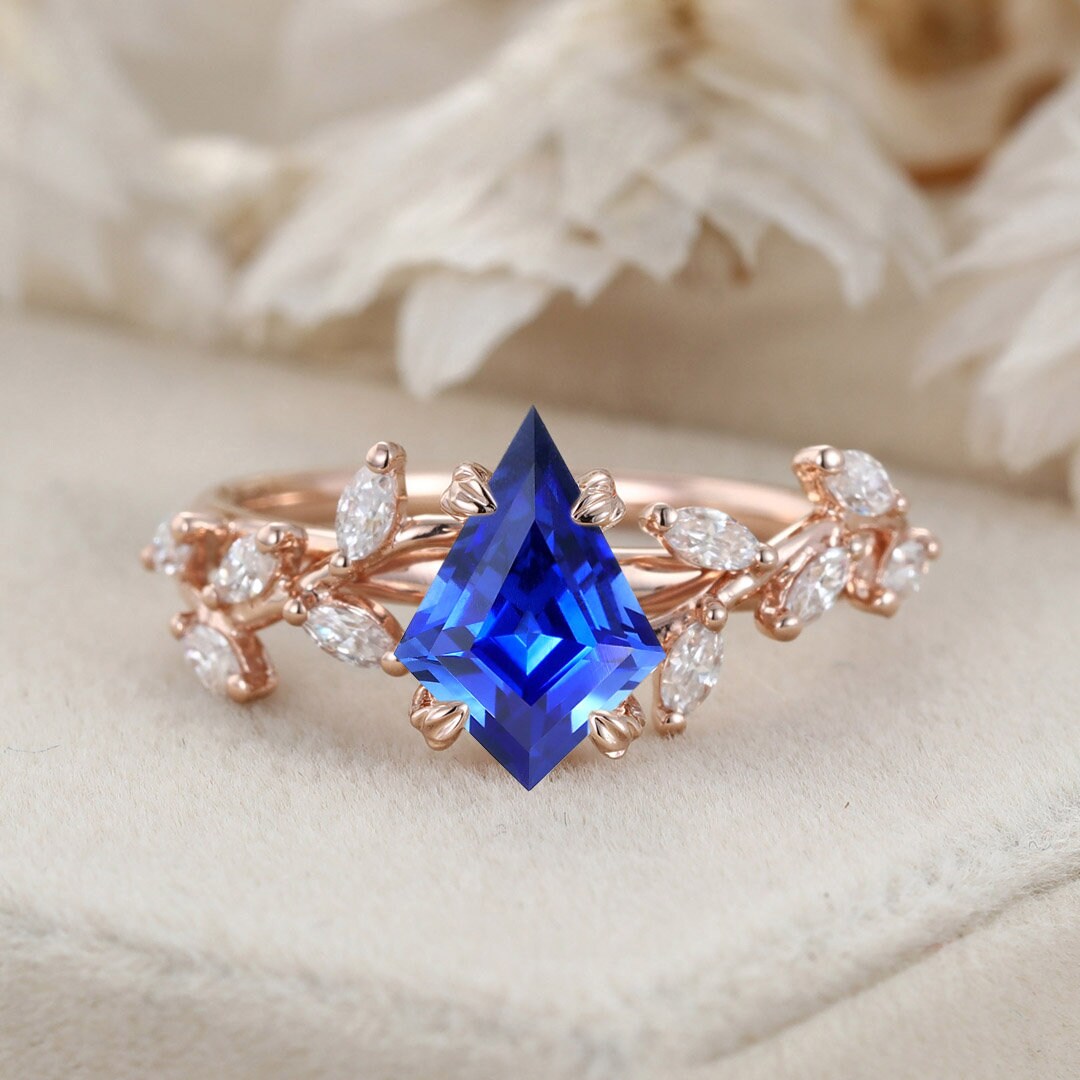 Kite Cut Lab Growth Sapphire Engagement Ring Rose Gold Ring Unique