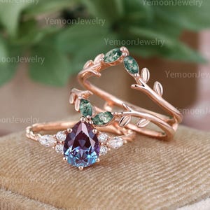 Pear Cut Alexandrite Engagement Ring Set Vintage Moissanite Wedding Band Rose Gold Enhancer Band Unique Leaf Bridal Set Anniversary Gift
