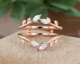 Double Curved Wedding Band Vintage 14k Rose Gold Marquise Lab grown diamond Wedding Band Leaf Branch Personalized Custom Rings For Women