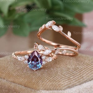 Pear Cut Alexandrite Engagement Ring Set Vintage Moissanite Wedding Band Rose Gold Enhancer Band Unique Leaf Bridal Set Anniversary Gift