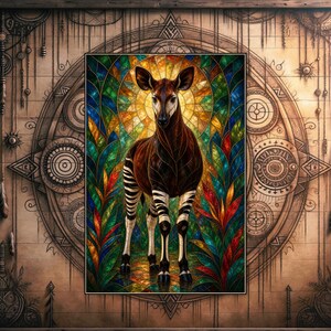 Puede incluir: Una pieza de arte mural rectangular que presenta un okapi central con cuerpo marrón y patas con rayas blancas. El okapi se sitúa sobre un fondo de vidrieras multicolor con patrones geométricos y un halo dorado brillante.