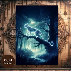 May include: A glowing blue and white leopard stands on a branch in a dark forest. The leopard is outlined in a bright blue light, and the forest is filled with fog and mist. The moon shines brightly in the sky.