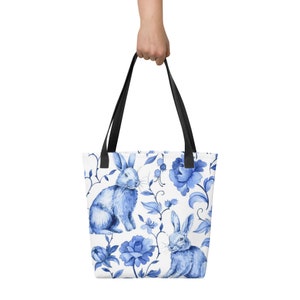 Einkaufstasche – Blaues Blumen- und Hasen-Design – ideal für alle Gelegenheiten!